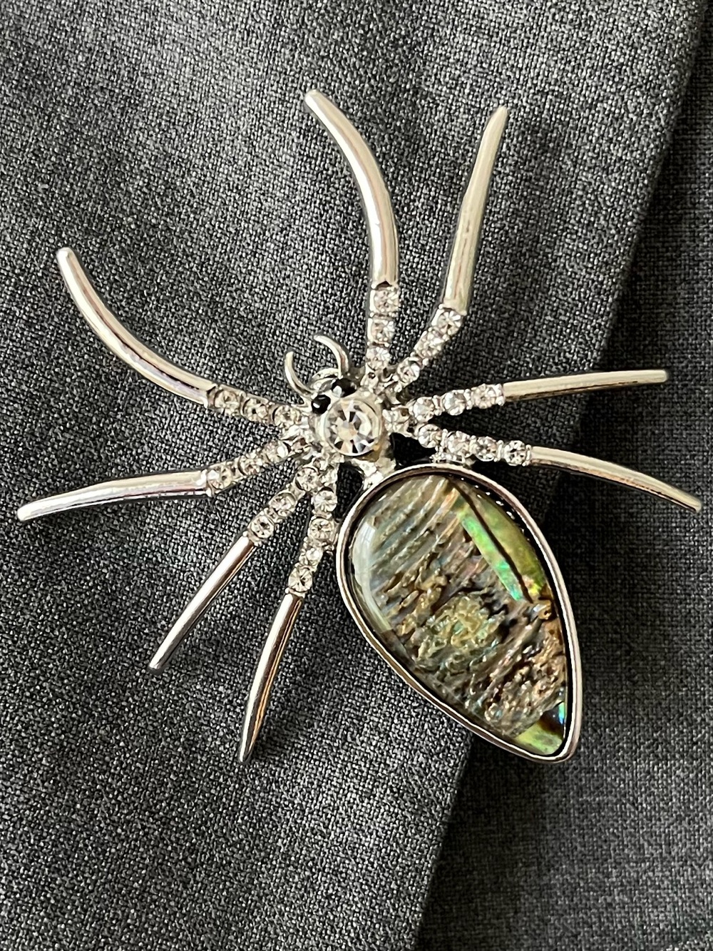 Vintage Silver Spider Brooch with Abalone and Rhinestone Body Accents